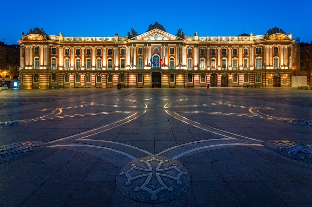 Vue du Capitole de Toulouse à la tombée de la nuit